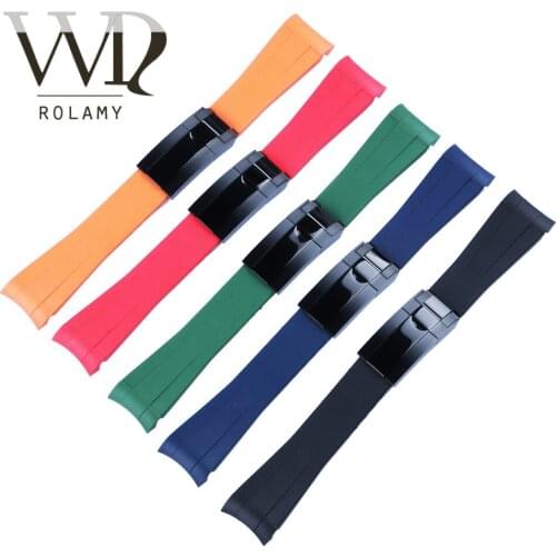 Rolamy 20mm Curved End Rubber WatchBand Strap With 9mm*16mm Black Watch Buckle Clasp For Rolex Daytona GMT Submariner Datejust