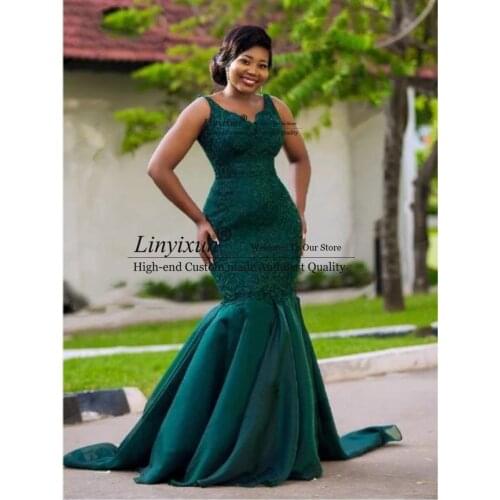 Dark Green Lace Mermaid Prom Dresses Long For African Women Elegant V Neck Sleeveless Fishtail Evening Party Gown Court Train