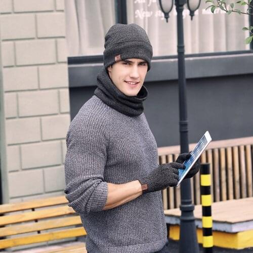 Thick Warm Knitted Wool Winter Hats for Men Scarf Gloves 3PCS Sets Black Grey Male Scarves Touch Screen Luxury Brand Beanies