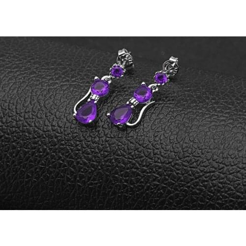 UFOORO Newest Purple Round Zirconia Cute Cat Style Drop Design Stud Earrings Silver Color Fashion Womens Earring Custom Jewelry
