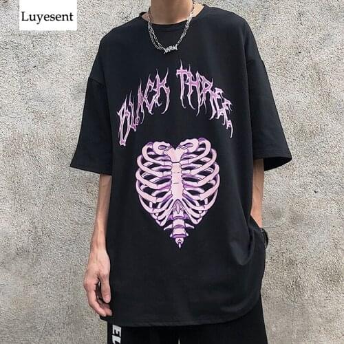 Black White Women Gothic Skeleton Rib Printed T Shirt 2021 Summer Unisex Man Cool O Neck Loose Street Harajuku Top 100% Cotton