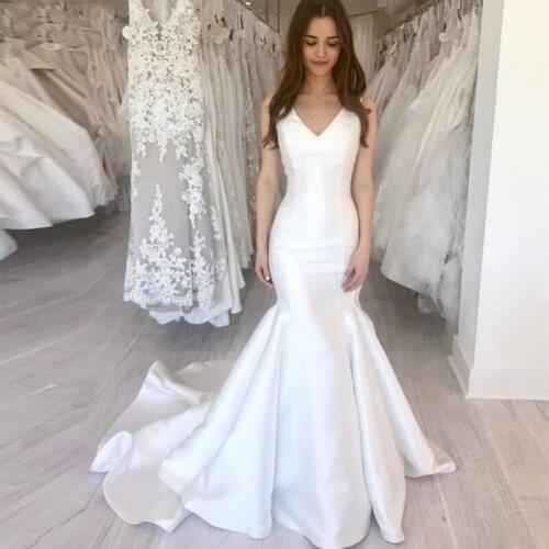 White Ivory Satin Mermaid Simple Wedding Dresses 2021 V-neck Lace up Back Boho Bride Dress Cheap Wedding Gowns Free Shipping