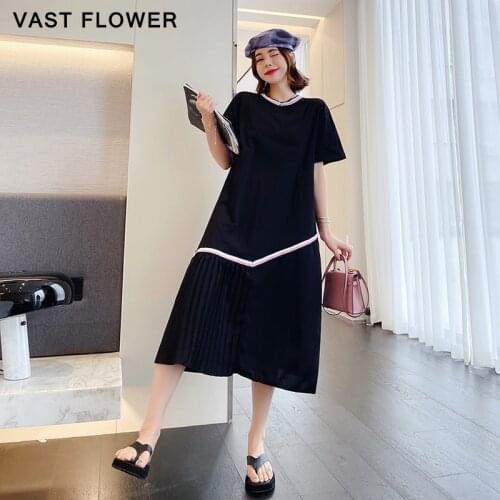 2021 New Korean Pleated Patchwork Dresses For Women Black Loose Casual Fashion Clothes Short Sleeve Vestidos Summer Long Dress