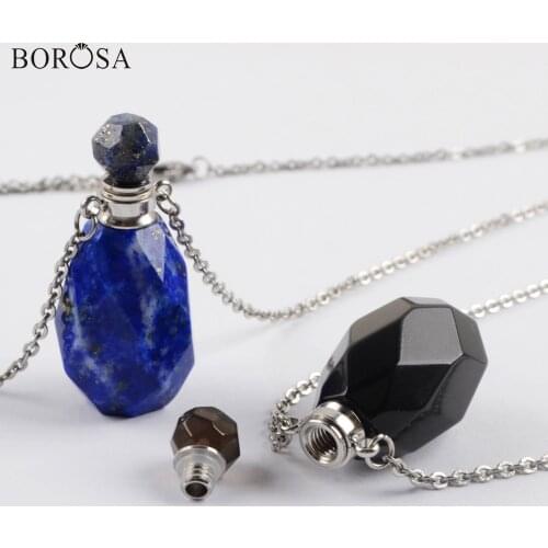 BOROSA Mini Perfume Bottle Crystal Necklace Silver Plated Natural Stone Essential Oil Diffuser Pendant Necklace for Women WX1618