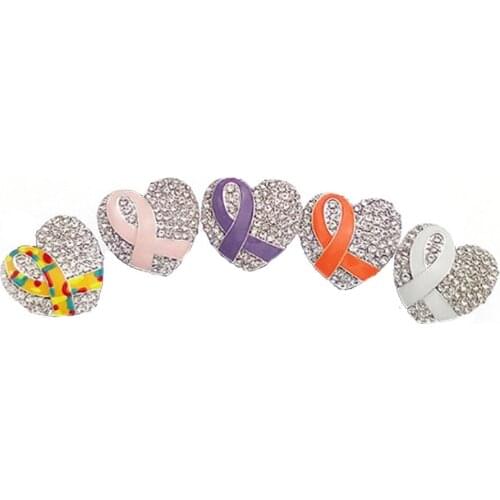 100pcs Wholesale rhinestone enamel breast cancer pink metal ribbon lapel pin heart shape brooch