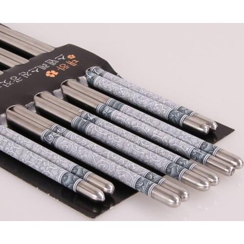 5 pairs Durable Food Stick Traditional Chinese Style Blue and White Porcelain Pattern Stainless Steel Chopsticks Tableware Gifts