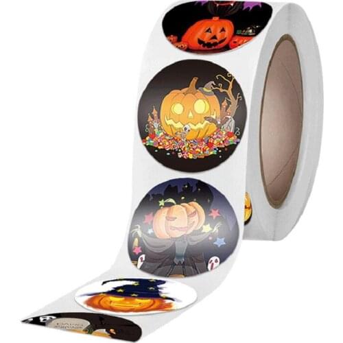 500Pcs/Roll Halloween Gift Sealing Stickers Pumpkin Ghost Design Self Adhesive Label Paper Candy Bag Packaging Sealing Craft DIY