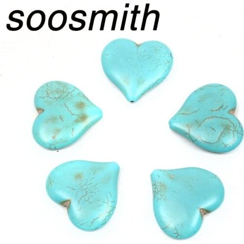 Soosmith 5Pcs/Pack Blue Big Heart Shape Natural Stone Loose Howlite Beads For Jewelry Making Handmade Turquoises Diy Craft Gifts