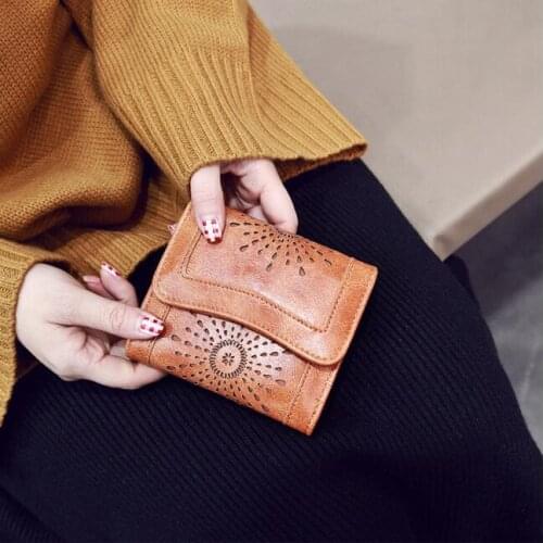 Ladies New Short Purse Retro Burnished Cowhide Women Korean Style Cutout Bag Fashion Simple Small Cheap Tri-fold Money Clip
