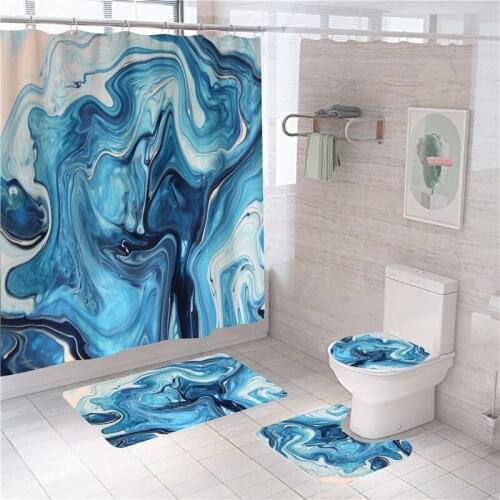 Art Marble Shower Curtains Bathroom Decor Polyester with Hook Geometric Colorful Bathtub Screen Bath Carpet Toilet Lid Cover Rug