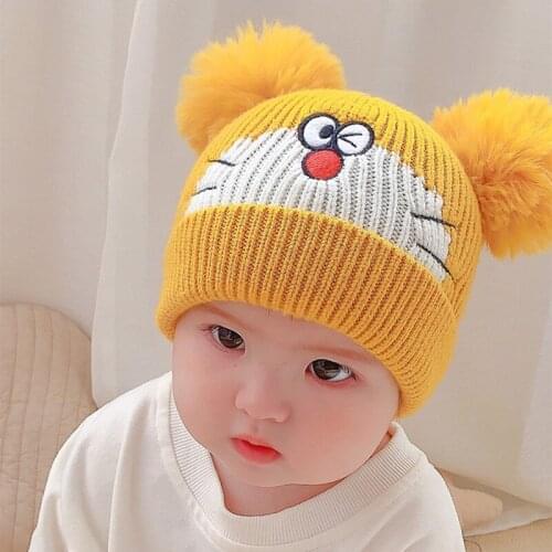 Baby Boy Girl Knitted Hat Skullies Beanies Autumn Winter Warm Toddler Kids Hats and Caps Cute Cartoon Fur Ball Woolen Infant Hat