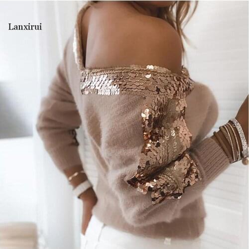 Elegant Off Shoulder V Neck Autumn Sweaters Vintage Sequin Patchwork Knitted Sweater Casual Women Long Sleeve Pullover Tops