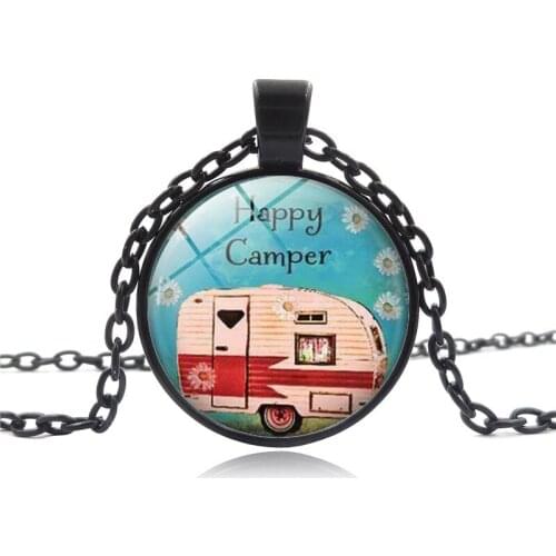 Happy Camper Time Gem Stone Glass Pendant Long Sweater Chain Necklace Camping Jewelry Gifts For Camper