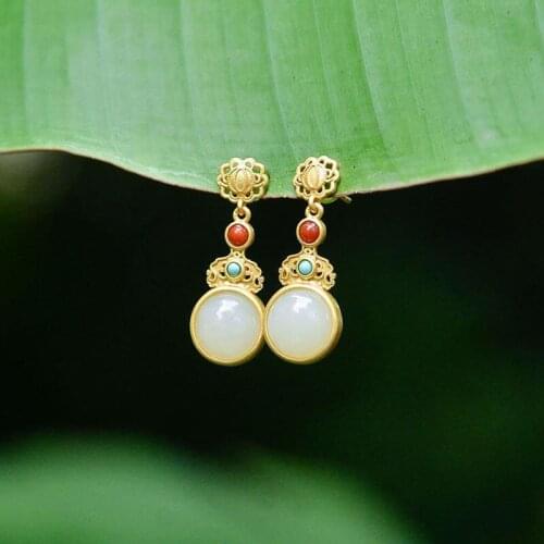 Natural Hetian Jade White Jade Chinese Style Earrings S925 Sterling Silver Jade Eardrops Classical Palace Style Earrings Exquisi