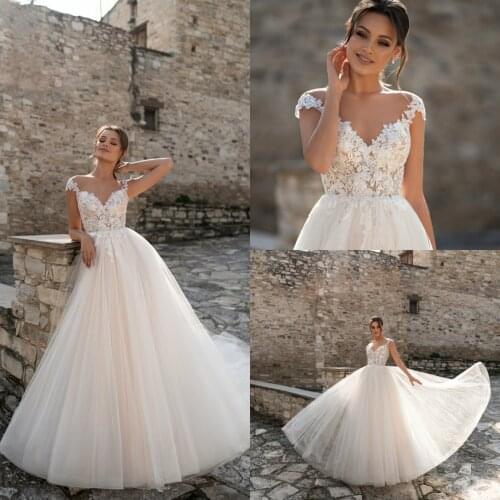 Lace Wedding Dresses V Neck Capped Sleeves Appliques Bridal Gowns Custom Made Sweep Train A Line Wedding Dress Robe De Mariee