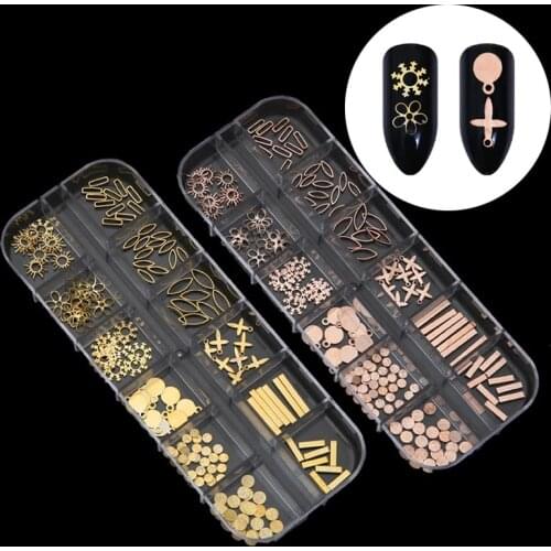 Metallic Mix Multi-shaped Studs Rose Gold Frame Metal Nail Art IDIY Gems Decoration Rhinestones Box DIY Tips