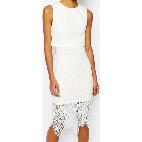 NEW Womens Fitted Overlay Top Lace Hem Midi Dress in White