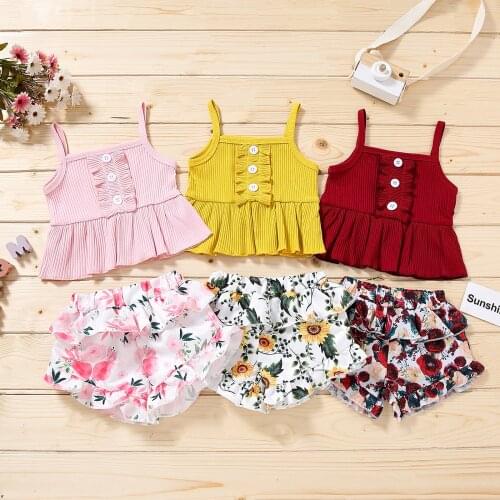 0-3Y Summer Baby Girls Clothes Sets 2pcs Ruffles Strapless Vest Tops Flowers Printed Shorts 4 Colors