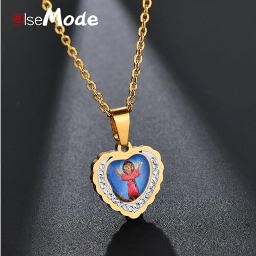 ELSEMODE Clear Crystal Baby Jesus Heart Pendant Necklaces Gold Titanium Stainless Steel Bling Necklace Catholic Jewelry