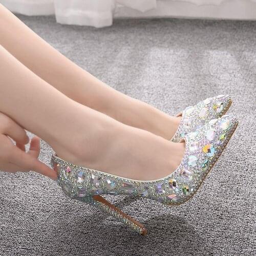 Crystal Queen Luxury Crystal Women Wedding Shoes Heels For Evening Party Glittering Pointed Toe Custom Silver Rhinestone Pumps