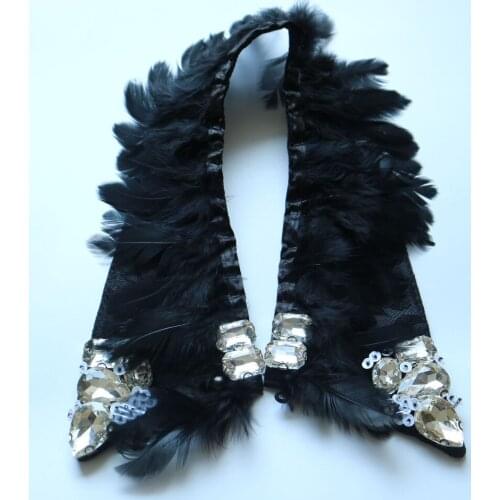 1pc Black feather Beaded epaulette for clothes Punk retro epaulets DIY Fashion Badge Epaulets Fake collar appliques