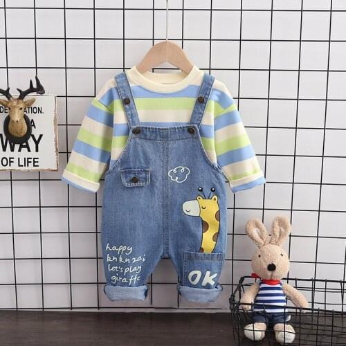 2020 Autumn New Childrens Clothing Suits Baby Girl Clothes Clothing For Boys Long-sleeved Striped Top + fawn Pattern Jeans