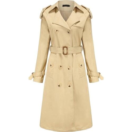Womens Mid-long Trench Coat New Spring Autumn Coats Solid Long-sleeved Double-breasted Chic Windbreaker Female Basic coat AH325