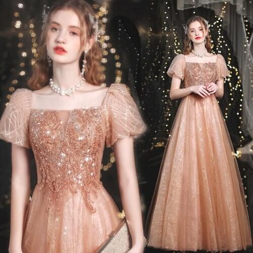 Gold Champagne Crystals Prom Dress Square Neck Short Sleevles Sequins Beadings Tulle Girls Pageant Dress Prom Party Dresses