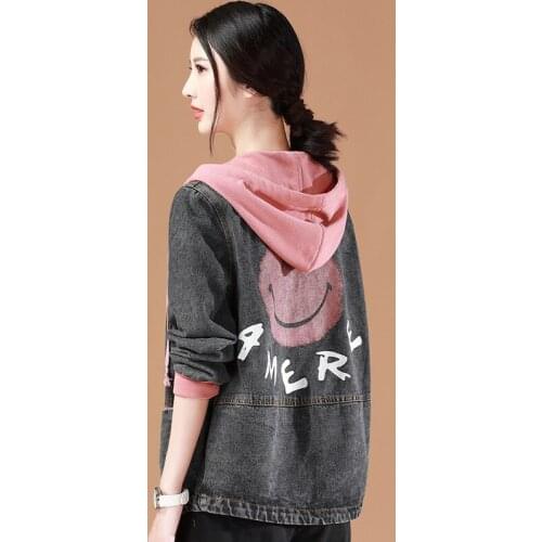 2019 Women Denim Jacket Hooded Vintage Jeans Jacket Women Korean Printing Casual Coat Spring Autumn Fashion Outerwear Streetwear