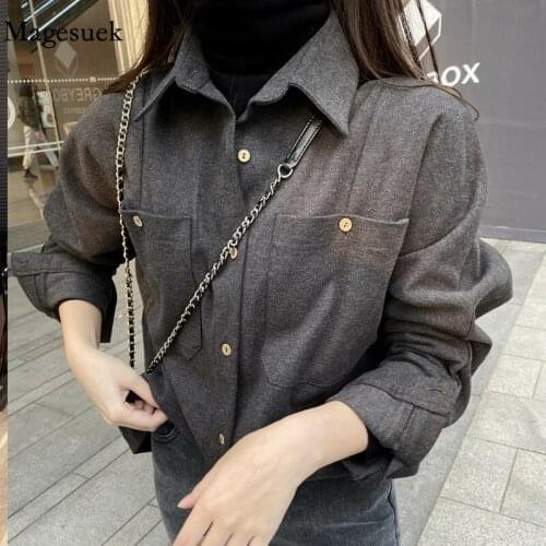 New Vintage Long Sleeve Button Up Blouse Women Autumn 2021 Korean Style Thick Shirt Solid Lapel Pockets Office Ladies Top 12968