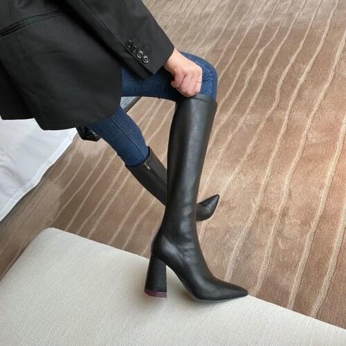 Concise Fashion Pointed Toe Female Knee High Boots Genui Leather Thick High Heels Pumps Winter Party Casual Shoes Woman