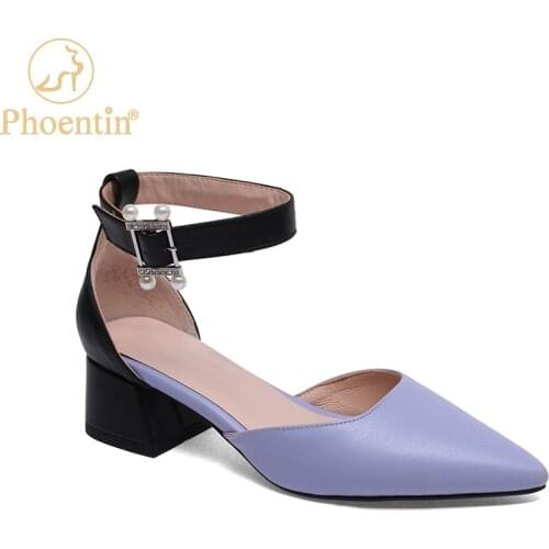 Phoentin light blue pumps woman 2020 ankle strap pearl buckle fancy heels pointed toe gingham pattern mixed colors shoes FT915