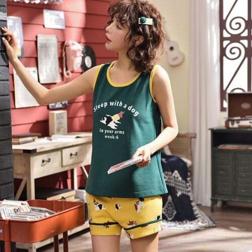 Women Loose Cotton Vest Pajamas Printed Two-piece Suit Summer Girl Shorts Student Sleeveless Plus Size Comfortable Home Service