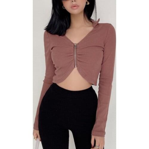 Women Lapel Collar Ruched Plunge Front Top Zip Front Long Sleeve Close-fitting Cut Crop Top S494