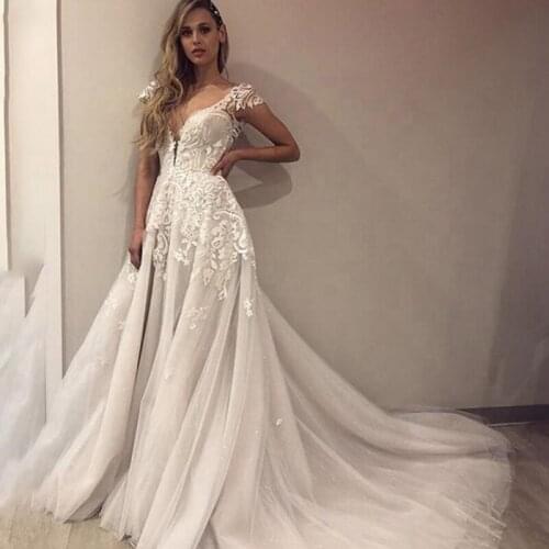 Charming A-Line Deep V-Neck Cap Sleeves Backless Lace Wedding Dress 2021 Sweep Train Bohemian Marriage Dresses Vestido De Novia