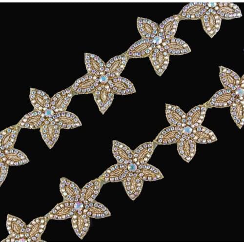 10Yard Factory Price Gold Star Shape Beaded Rhinestone Applique Trim Hot Fix Crystal Chain Trimming For Girl Wedding Dress Sash
