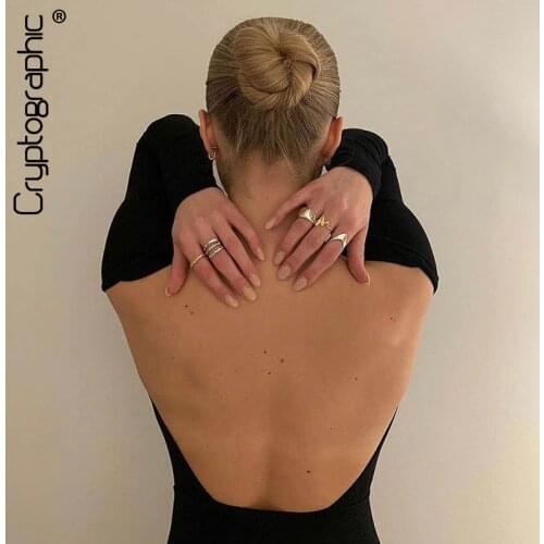 Cryptographic black fitness sexy women bodysuit backless long sleeve rompers womens jumpsuit hollow out slim body feminino