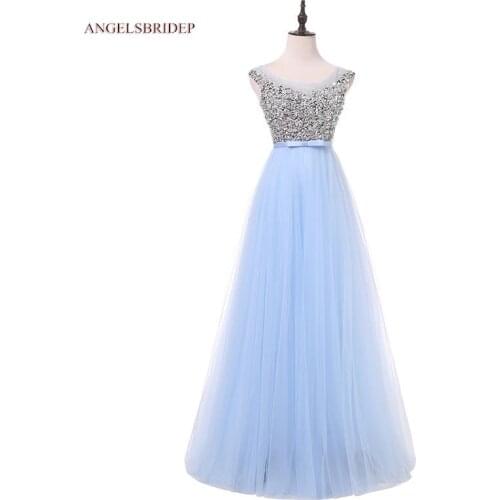 ANGELSBRDEP Sheer Neck Long Evening Dresses Pageant Gowns Formal Crystal Sash Floor-Length Tulle Abendkleider Prom Parry Gowns