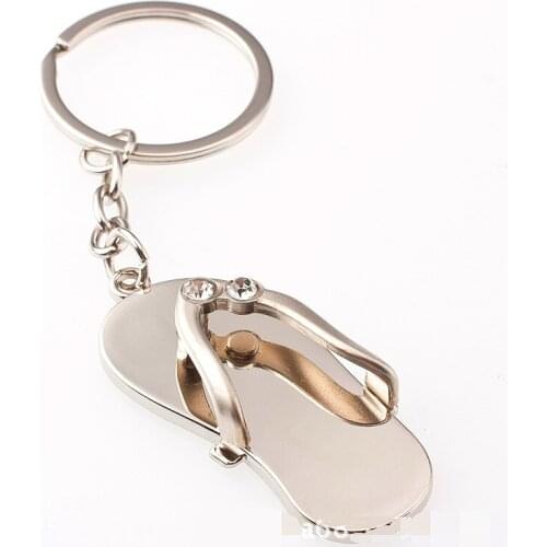 FREE shipping by FEDEX 100pcs/lot New Zinc Alloy Flip-Flops Keychains Metal Slippers Keyrings with Rhinestone