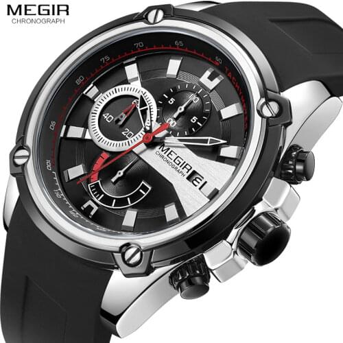 MEGIR Mens Sportz Watches Military Army Silicone Strap Chronograph Quartz Wrist Watch Man Relogios Masculino 2086 Silver Black