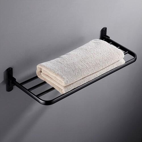 Black single layer towel rack perforated free folding towel rack American shelf bathroom towel bar bathroom pendant