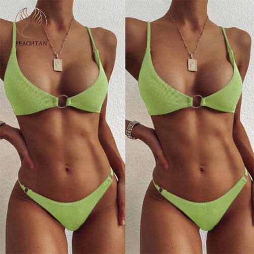 Peachtan Ribbed bikini set Bandeau swimsuit women Solid swimwear female String ring 2 pieces set Sexy bathing suit 2021 summer