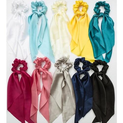 Fashion Solid Print Bow Satin Girls Elastic Hair Bands Long Ribbon Ponytail Scarf Hair Tie Women Scrunchies Hair Accessories