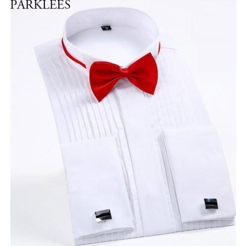 Mens Slim Fit Wingtip Collar French Cufflinks Shirt Bridegroom Wedding Tuxedo Male Brand Shirt (Bowtie&Cufflinks Included) 6XL