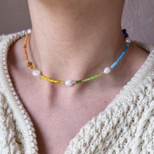 Bohemian Color Bead Necklace Irregular Natural Freshwater Pearl Embellishment Choker Femme Rainbow Jewelry Gift collares de moda