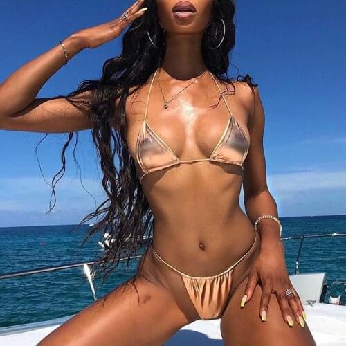 Peachtan Sexy extreme micro bikini 2020 Solid gold bathing suit Triangle swimsuit push up String bandage swimwear women biquini