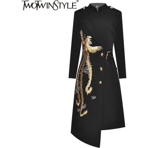 TWOTWINSTYLE Embroidery Print Dress For Women Stand Collar Long Sleeve High Waist Irregular Hem Vintage Dresses Female Fashion