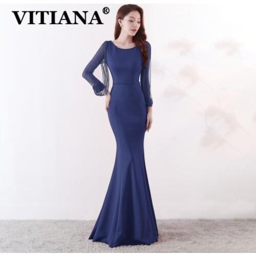 VITIANA Women Trumpet Sexy Party Dress Female Long Sleeve Tassels Host Elegant Long Dresses Femme Mesh Noble Banquet Vestidos