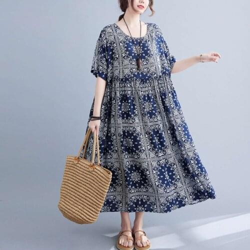 Oversize Ethnic Printed Maxi Dress Women Sundress Plus Size 4XL 5XL 6XL 7XL Cotton Boho Dress Vintage Loose Big Size Beach Dress