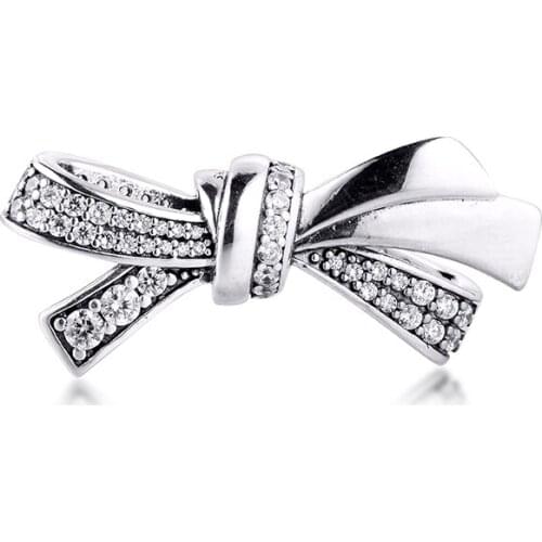 Fits Pandora Bracelets 925 Sterling Silver Clear CZ Brilliant Bow Charms Beads DIY Jewelry Making Gift for Women Wholesale